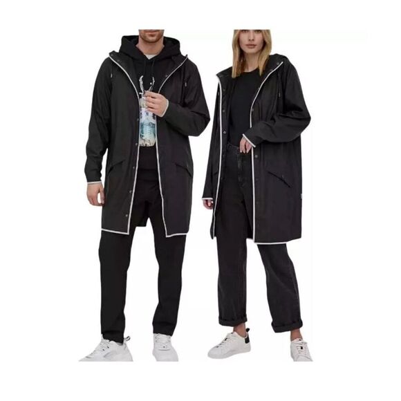New Rains Black Reflective Long Rain Coat With Hood. Size Large - Picture 1 of 8